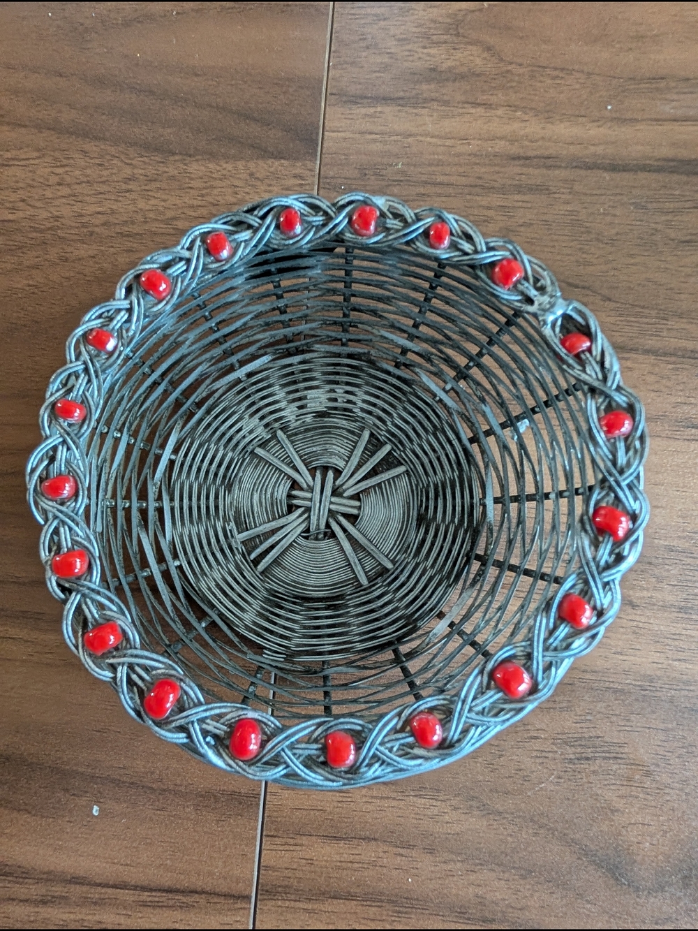 Source Unknown Woven Wicker Bowl with Red Bead Rim